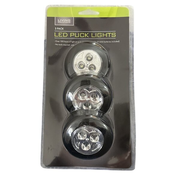 Living Solutions LED Puck Lights 3 Pack Black 100+ Hours of Light/Set Batteries - Picture 1 of 2